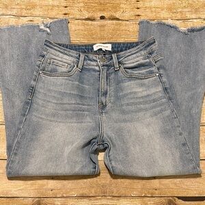 Risen Jeans Light Wash Flare Leg High Rise with Distressed Hem Size 9